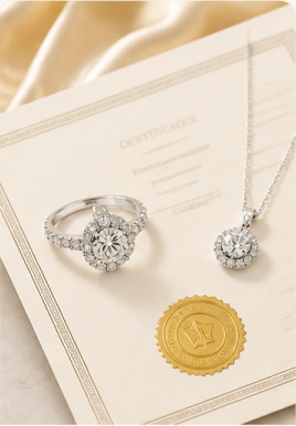 Diamond jewelry displayed with a certificate