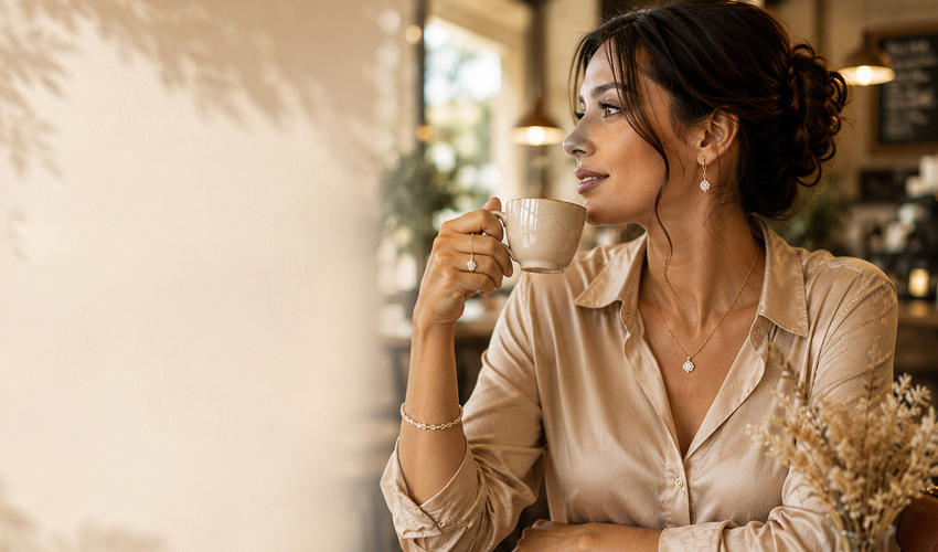 Woman working while wearing elegant jewelry