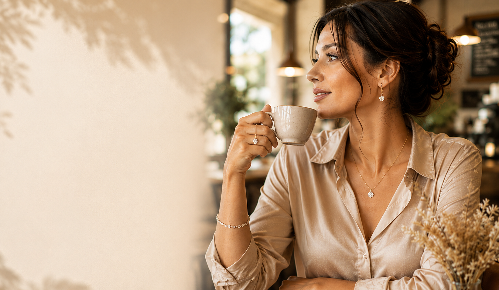 Woman working while wearing elegant jewelry