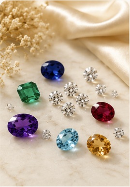 Natural and lab-grown gemstones displayed on satin